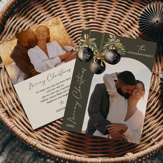 金ゴールドエレガントブラックオーナメント2枚フォトクリスマス シーズンカード