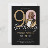 金ゴールドエレガントブラックカスタム誕生日写真90 招待状 (正面)