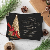 金ゴールドエレガントブラッククリスマスツリーリボンホリデーパーティー 招待状
