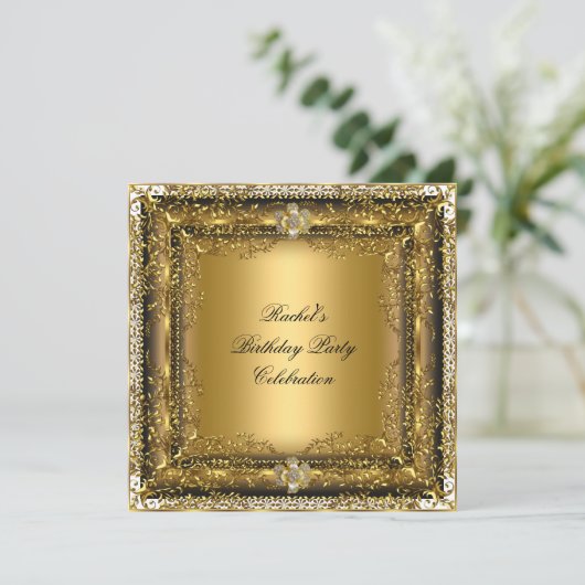 金ゴールドエレガントブラッククリームバースデーパーティー宝石 招待状 (スタンド正面)