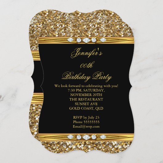 金ゴールドエレガントブラックグリッターダイヤモンドバースデーパーティー 招待状 (正面/裏面)