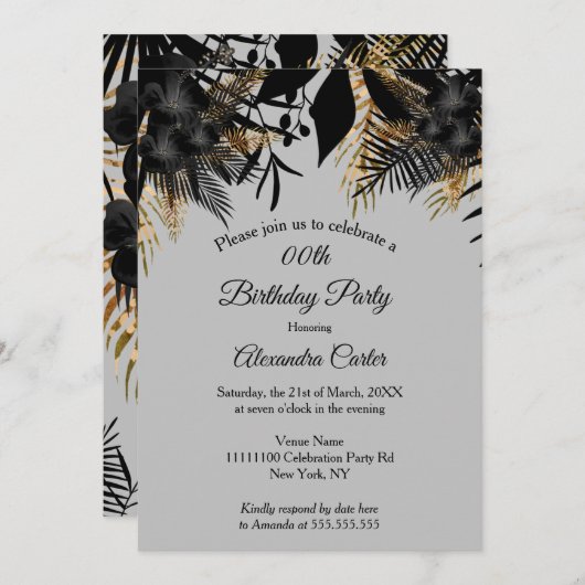 金ゴールドエレガントブラックグレーフローラ誕生日パーティー 招待状 (正面/裏面)