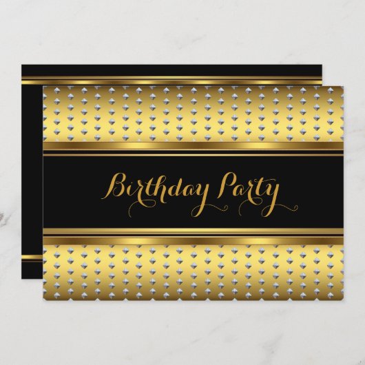金ゴールドエレガントブラックシルバースタッズバースデーパーティー 招待状 (正面/裏面)