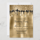 金ゴールドエレガントブラックスパークルグリッタードリップス誕生日 招待状 (正面)