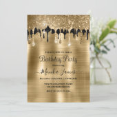 金ゴールドエレガントブラックスパークルグリッタードリップス誕生日 招待状 (スタンド正面)