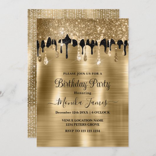 金ゴールドエレガントブラックスパークルグリッタードリップス誕生日 招待状 (正面/裏面)