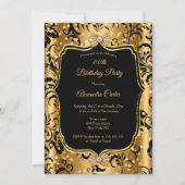 金ゴールドエレガントブラックダマスクジュエルボウ誕生日 招待状 (正面)
