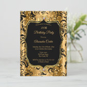 金ゴールドエレガントブラックダマスクジュエルボウ誕生日 招待状 (スタンド正面)