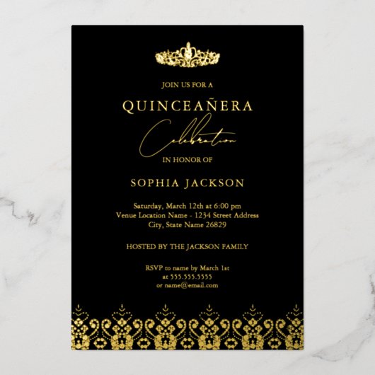 金ゴールドエレガントブラックティアラキンセアニェラ 箔招待状 (正面)