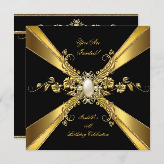 金ゴールドエレガントブラックパールジュエルバースデーパーティー2 招待状 (正面/裏面)