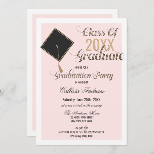 金ゴールドエレガントブラックピンクキャップタイポグラフィ卒業 招待状 (正面/裏面)