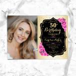 金ゴールドエレガントブラックピンクローズ写真50誕生日 招待状<br><div class="desc">エレガントフローラ50歳のフェミニン誕生日の招待状と写真。グラムデザインフェイク金ゴールド。ピンクのバラ、スクリプトのフォント、紙吹雪が特徴。大人スタイリッシュのお祝いパーティーに最適。独自の詳細でパーソナライズどんなカスタマイズ年でもいい！印刷されたZazzle招待状または即時ダウンロードのデジタル印刷可能なテンプレート。</div>