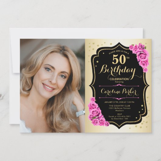 金ゴールドエレガントブラックピンクローズ写真50誕生日 招待状 (正面)