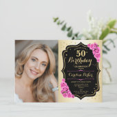 金ゴールドエレガントブラックピンクローズ写真50誕生日 招待状 (スタンド正面)