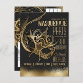 金ゴールドエレガントブラックマスカレードマスク誕生日パーティー インビテーションポストカード (正面/裏面)