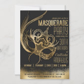 金ゴールドエレガントブラックマスカレードマスク誕生日パーティー マグネット招待状 (正面)