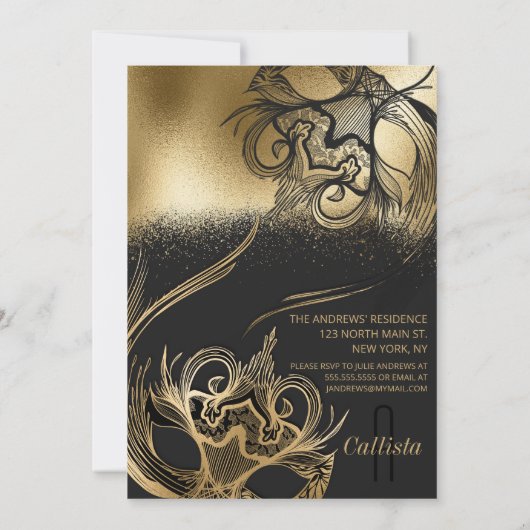 金ゴールドエレガントブラックマスカレードマスクSweet sixteen 招待状 (裏面)