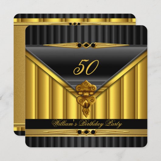 金ゴールドエレガントブラックメタルロックバースデーパーティー2 招待状 (正面/裏面)