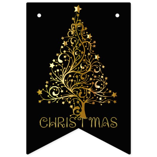 金ゴールドエレガントブラックメリークリスマスツリーパーティー バンティングフラッグ (第1の旗)