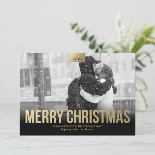 金ゴールドエレガントブラックメリークリスマスフォトカード シーズンカード (スタンド正面)