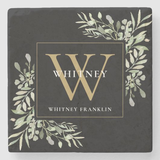 金ゴールドエレガントブラックモノグラムウォーターカラーグリーナリーセント ストーンコースター (正面)