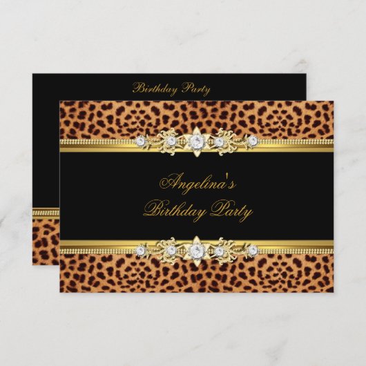 金ゴールドエレガントブラックレオパードバースデーパーティー 招待状 (正面/裏面)