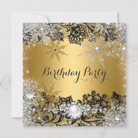 金ゴールドエレガントブラックレースシルバースノーフレーク誕生日 招待状 (裏面)