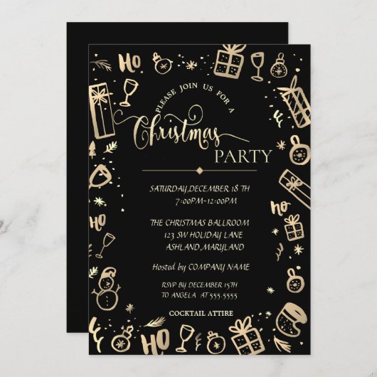 金ゴールドエレガントブラック会社クリスマスパーティー 招待状 (正面/裏面)