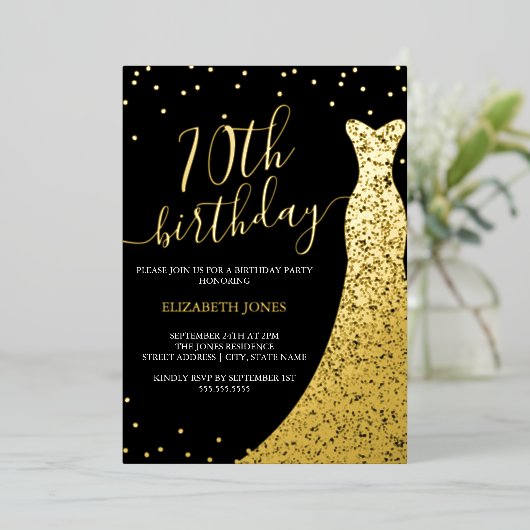 金ゴールドエレガントブラック書道ドレス70誕生日 箔招待状 (立ち正面)