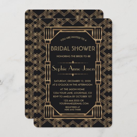 金ゴールドエレガントブラック素晴らしギャツビーブライダルシャワー 招待状 (正面/裏面)