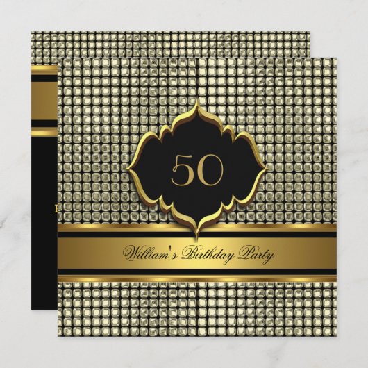 金ゴールドエレガントブラック誕生日パーティーメンズマン 招待状 (正面/裏面)