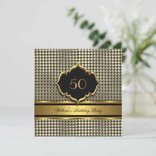 金ゴールドエレガントブラック誕生日パーティーメンズマン 招待状 (スタンド正面)