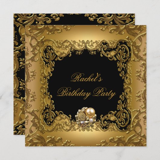 金ゴールドエレガントブラック金ゴールド誕生日パーティジュエル 招待状 (正面/裏面)