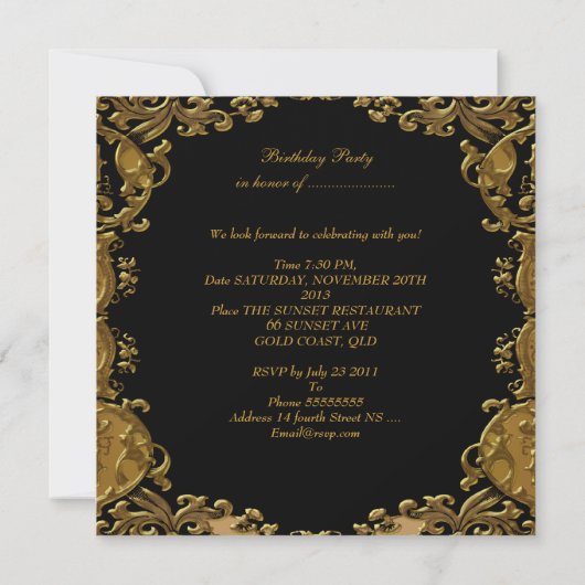 金ゴールドエレガントブラック金ゴールド誕生日パーティジュエル 招待状 (裏面)
