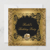 金ゴールドエレガントブラック金ゴールド誕生日パーティジュエル 招待状 (正面)