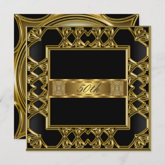 金ゴールドエレガントブラック50th誕生日パーティー 招待状 (正面/裏面)
