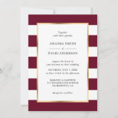 金ゴールドエレガントブルゴーニュと白ストライプ色の結婚 招待状 (正面)