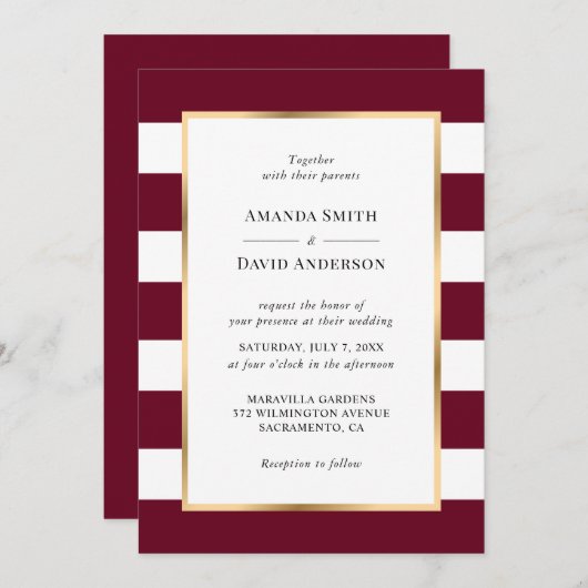 金ゴールドエレガントブルゴーニュと白ストライプ色の結婚 招待状 (正面/裏面)