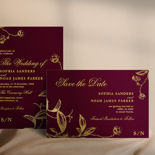 金ゴールドエレガントブルゴーニュのヴィンテージ結婚式 セーブザデート