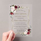 金ゴールドエレガントブルゴーニュの花Sweet sixteen アクリル招待状 (インサイチュ (ポータブル))