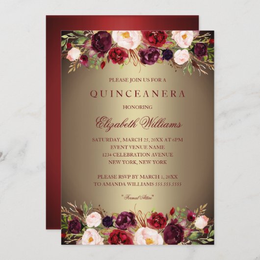 金ゴールドエレガントブルゴーニュバラキンセアニェラ招待状 招待状 (正面/裏面)