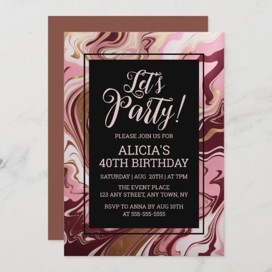 金ゴールドエレガントブルゴーニュピンクマーブルフュール誕生日 招待状 (正面/裏面)