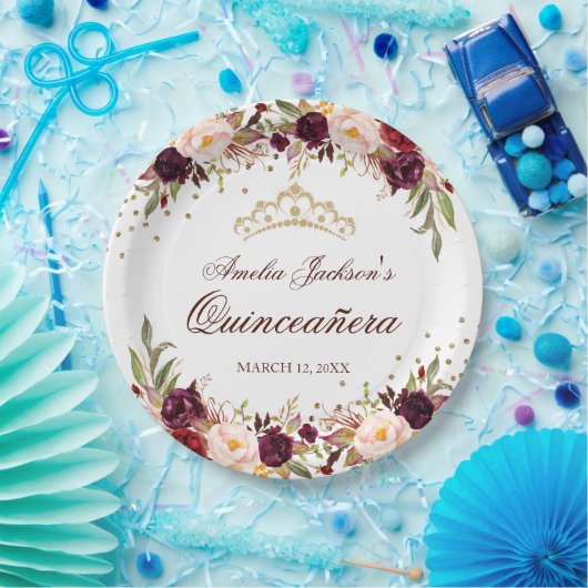 金ゴールドエレガントブルゴーニュフローラキンセアニェラ ペーパープレート (パーティー)