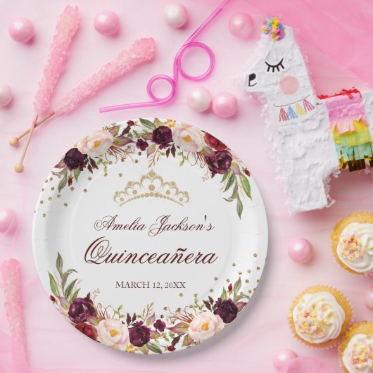 金ゴールドエレガントブルゴーニュフローラキンセアニェラ ペーパープレート (パーティー)