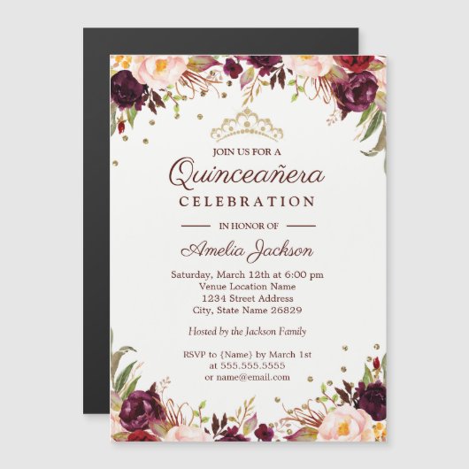 金ゴールドエレガントブルゴーニュフローラキンセアニェラ マグネット招待状 (正面/裏面)