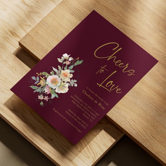 金ゴールドエレガントブルゴーニュフローラブライダルシャワー 招待状