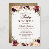 金ゴールドエレガントブルゴーニュフローラ赤ちゃんシャワー 招待状 (正面/裏面)