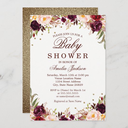 金ゴールドエレガントブルゴーニュフローラ赤ちゃんシャワー 招待状 (正面/裏面)