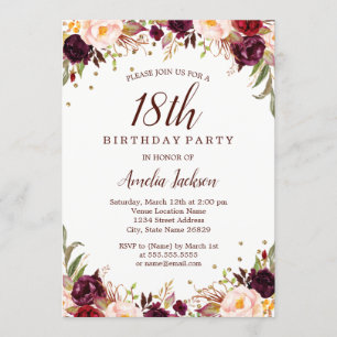 金ゴールドエレガントブルゴーニュフローラ18th誕生日パーティー 招待状