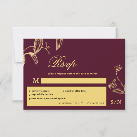金ゴールドエレガントブルゴーニュモノグラムの食事の選結婚択 出欠カード (正面)